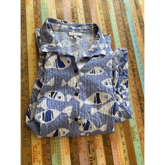 Habitat L Clothes to Live In Fish Artsy Beach Coastal Crinkle Button Tunic Top - Picture 11 of 11